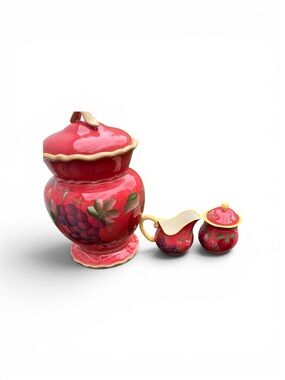 Hand-Painted Red Ceramic Tea Set with Fruit Motif